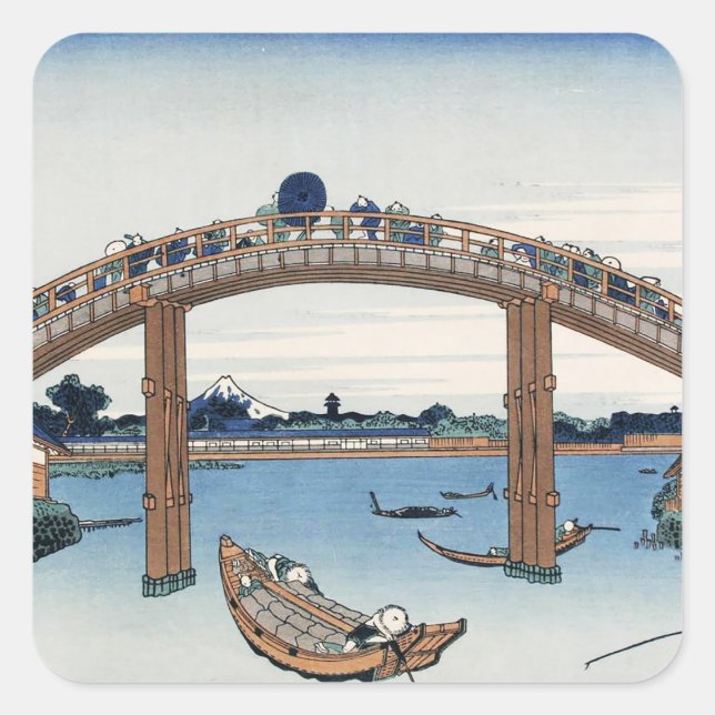 Adesivo Quadrado Housai Monte Fuji visto de baixo da ponte masculin (Frente)