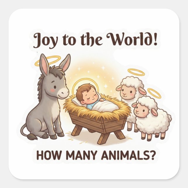Adesivo Quadrado How Many Animals? – Cute Nativity Christmas (Frente)
