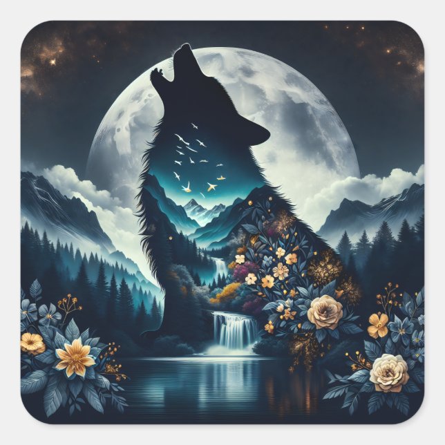 Adesivo Quadrado Howling Wolf | Arte Ia De Lua Completa (Frente)
