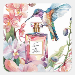 Adesivo Quadrado Hummingbird e Perfume Watercolor Vinheta Floral