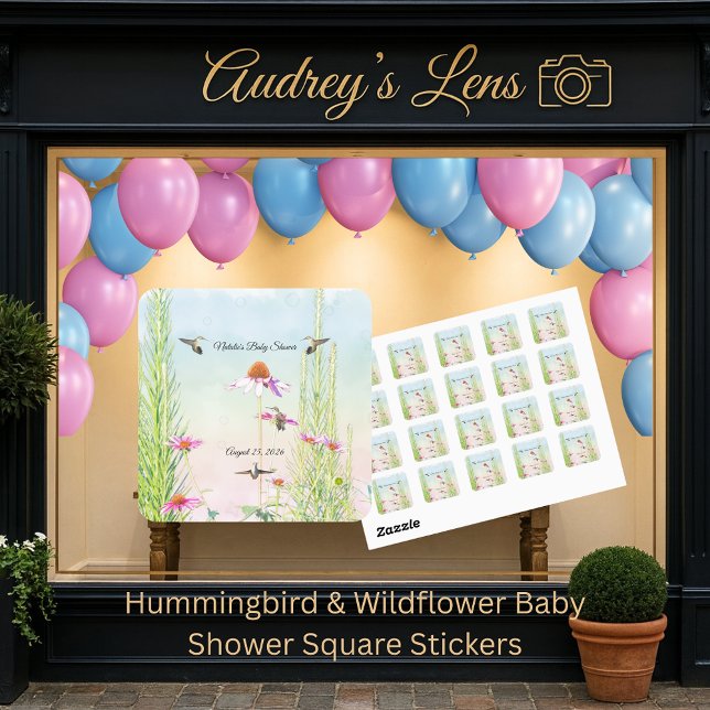 Adesivo Quadrado Hummingbird & Wildflower Baby Shower (Criador carregado)