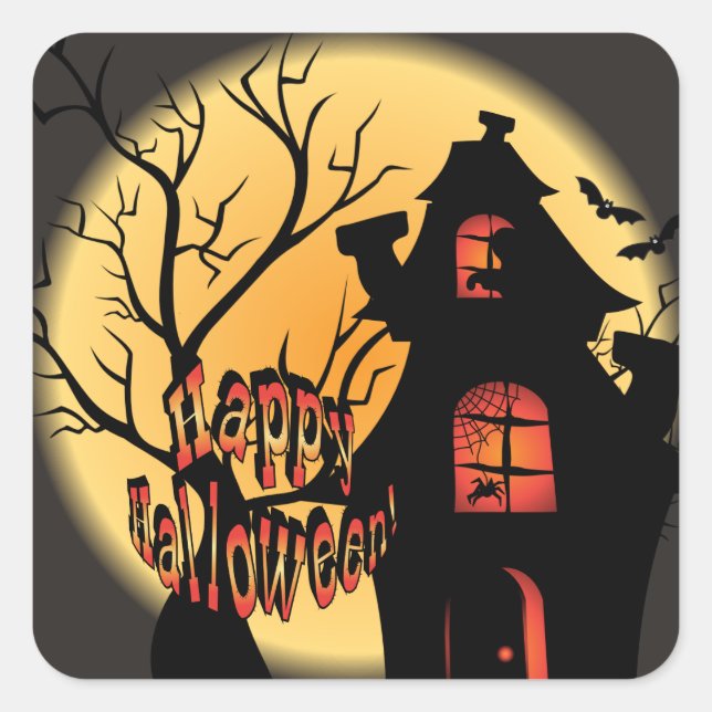 Adesivo Quadrado Hunted House Silhouette | Feliz Dia das Bruxas (Frente)