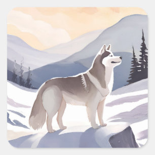 Adesivo Quadrado Husky do Alasca Aquarela do Cão da Montanha