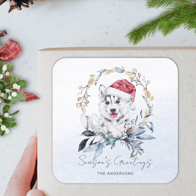 Adesivo Quadrado Husky Nevado Amante de Cães Personalizado Natal (Criador carregado)