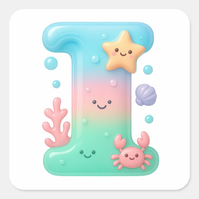 Adesivo Quadrado "I" Cute Letter - Underwater Sea Creature (Frente)