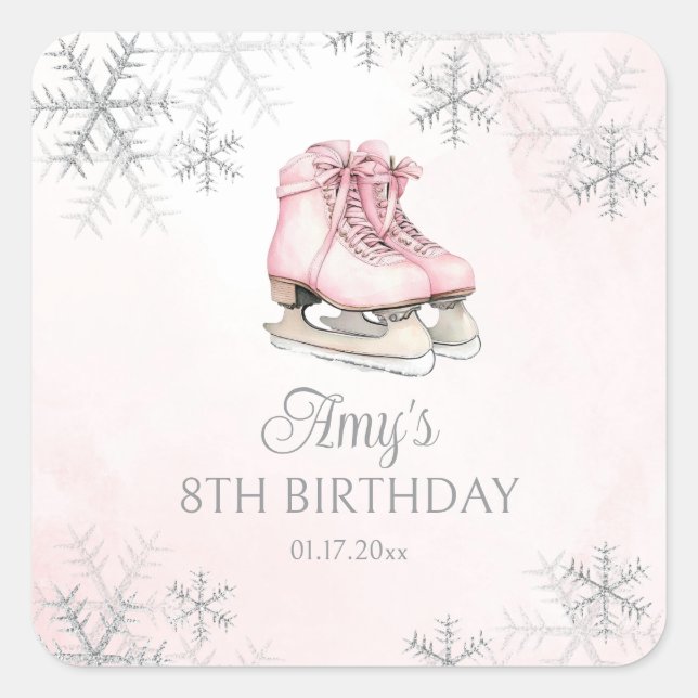 Adesivo Quadrado Ice Skating Pink Silver Glitter Snowflake Birthday (Frente)