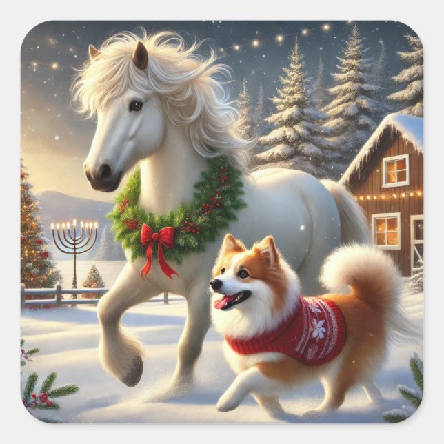 Adesivo Quadrado Icelandic Horse and Dog Holiday Sticker (Frente)