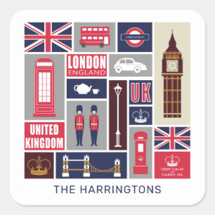 Adesivo Quadrado Ícones do Reino Unido de Londres com nome personal