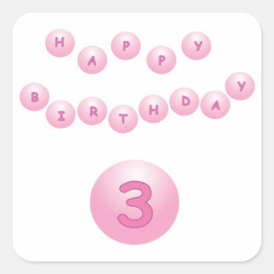 Adesivo Quadrado Idade cor-de-rosa 3 das bolas do aniversário