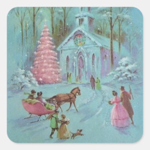 Adesivo Quadrado Igreja de Natal Rosa Vintage