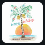 Adesivo Quadrado Ilha Holiday Tropical Beach Palm Christmas<br><div class="desc">Tema da praia tropical Os autocolantes de Natal (ou selos de envelope) apresentam uma ilha aquosa ao sol com uma palmeira decorada com lamparinas e ornamentos,  e uma saudação de "feriados felizes". Arte por KL Stock</div>