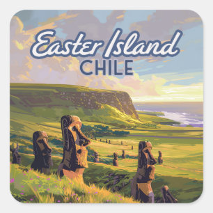 Adesivo Quadrado Ilha páscoa Chile Moai Rapa Nui Polinésia Retro