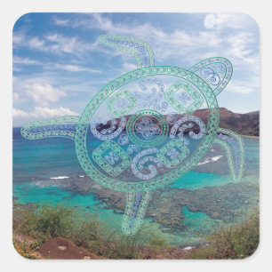 Adesivo Quadrado Ilhas de Havaí e tartaruga de Oahu