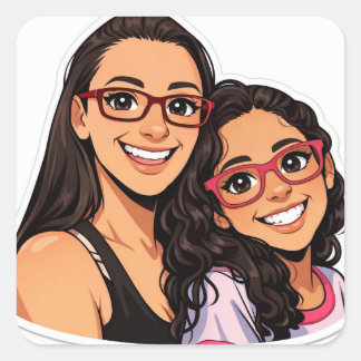 Adesivo Quadrado illustrated mother and daughter stickers cute 