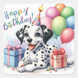 Adesivo Quadrado Illustrati Adorável Festa de aniversário de Puppy 