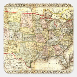 Adesivo Quadrado Ilustração Antiga do Mapa dos Estados Unidos