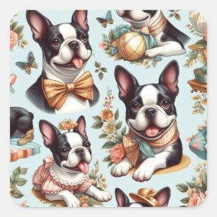 Adesivo Quadrado Ilustração Cute Vintage de Boston Terrier