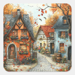 Adesivo Quadrado Ilustração da Aldeia Europeia do Outono Laranja