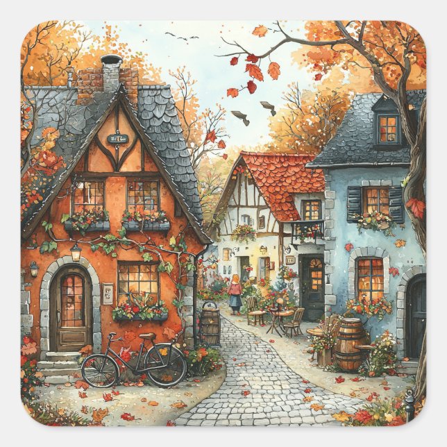 Adesivo Quadrado Ilustração da Aldeia Europeia do Outono Laranja (Frente)