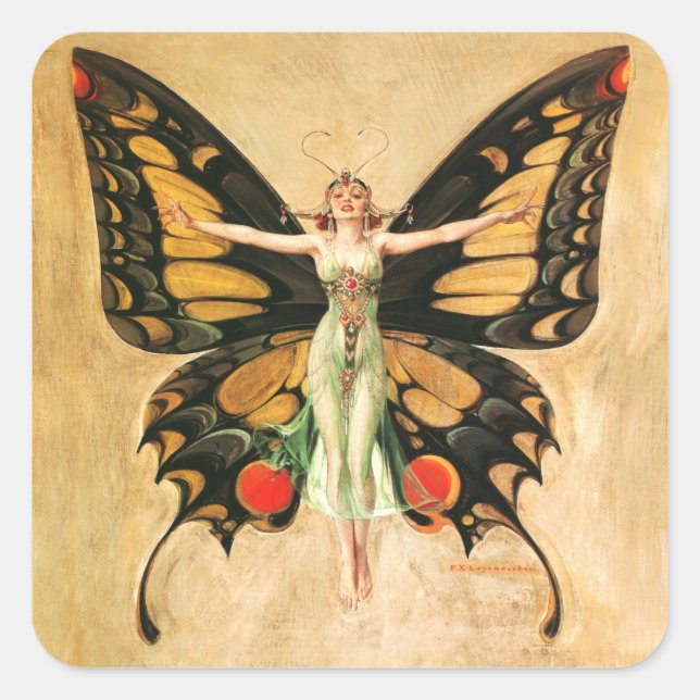 Adesivo Quadrado Ilustração da Mulher Borboleta Flapper por Leyende (Frente)