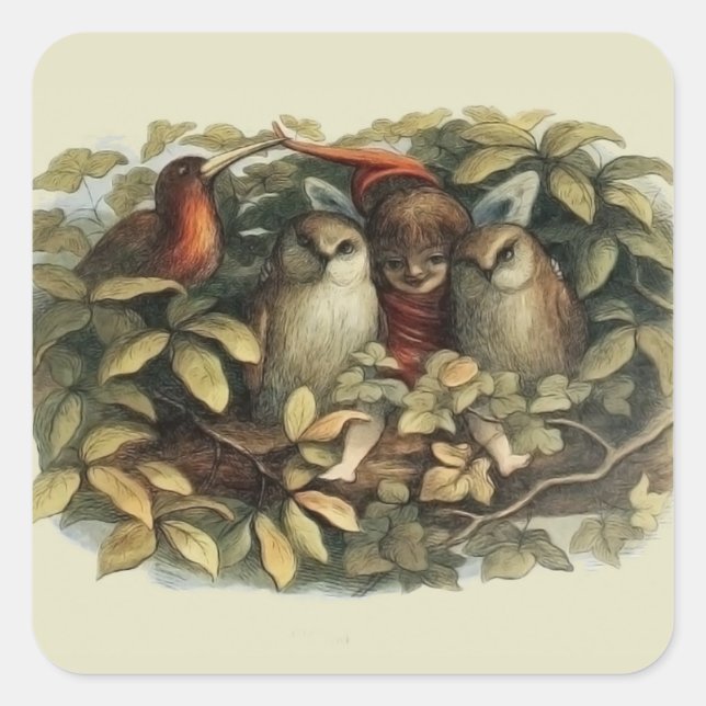 Adesivo Quadrado Ilustração da Natureza das Corujas e Fadas do Elf (Frente)