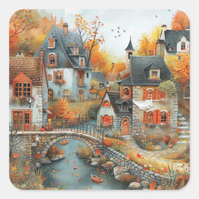 Adesivo Quadrado Ilustração da Ponte da Aldeia de Outono (Frente)