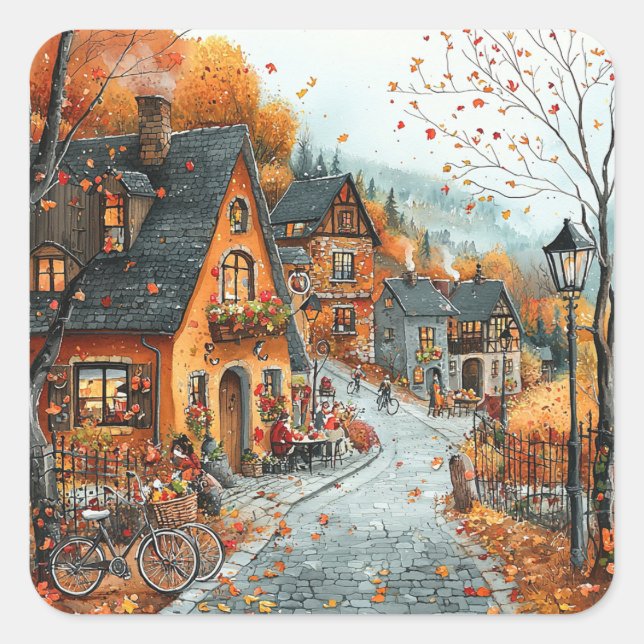 Adesivo Quadrado Ilustração da Vila de outono (Frente)