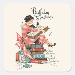Adesivo Quadrado Ilustração de Aniversário de Amante de Livros Anti