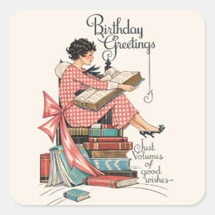 Adesivo Quadrado Ilustração de Aniversário para Amante de Livros An