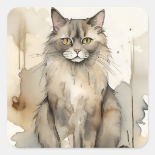 Adesivo Quadrado Ilustração de Aquarela de Maine Coon