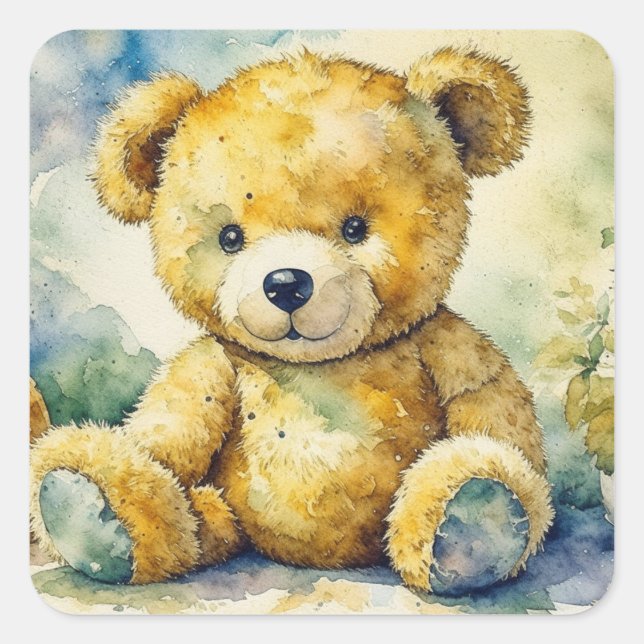 Adesivo Quadrado Ilustração de Aquarela de um Urso de Teddy Obrigad (Frente)