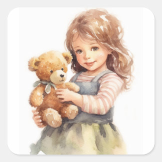 Adesivo Quadrado Ilustração de Aquarela do Urso de Teddy Bonito