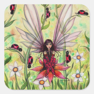 Adesivo Quadrado Ilustração de Arte de Fantasia de Ladybug