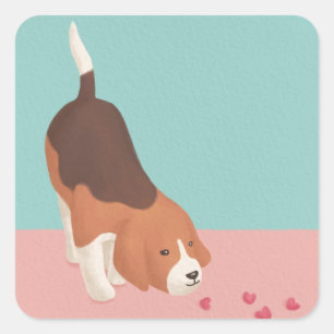 Adesivo Quadrado Ilustração de Beagle e Corações Bonitos