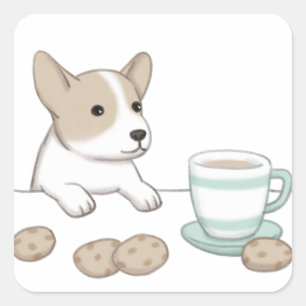 Adesivo Quadrado Ilustração de Cachorro, Café e Cookies