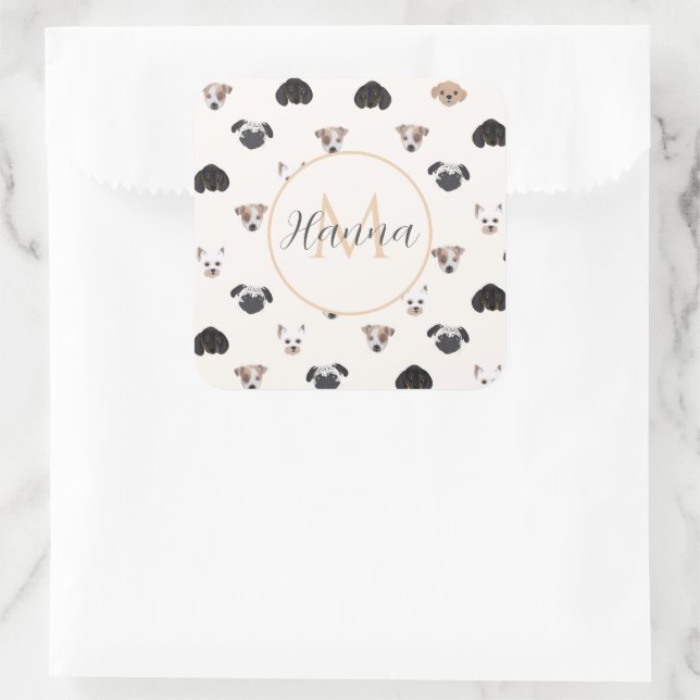 Adesivo Quadrado Ilustração de Cães de Papoila Bonitos (Bolsa)