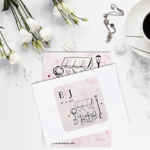 Adesivo Quadrado Ilustração de Café Romântico Monograma de Casament