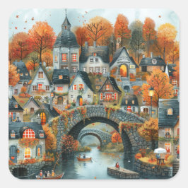 Adesivo Quadrado Ilustração de Casas de Barcos-Ponte do outono