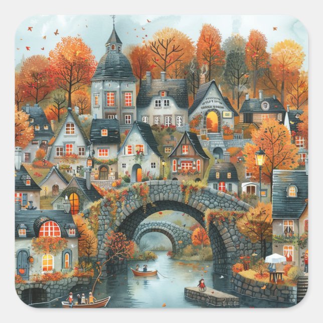 Adesivo Quadrado Ilustração de Casas de Barcos-Ponte do outono (Frente)