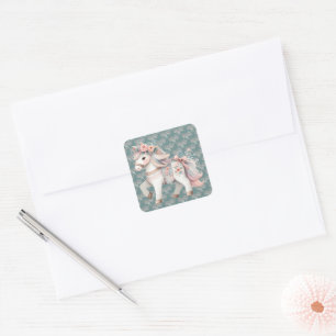 Adesivo Quadrado Ilustração de Cavalo Fantasia Pastel Floral