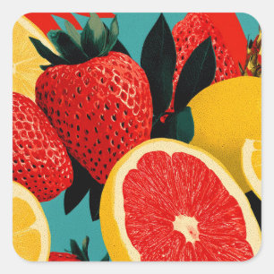 Adesivo Quadrado Ilustração de Colagem de Fruta de Arte pop