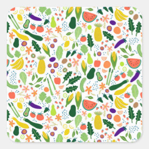 Adesivo Quadrado Ilustração de comida de frutas e legumes padrão fo