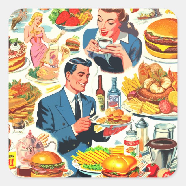 Adesivo Quadrado Ilustração de Comidas da Vintage 1950s (Frente)