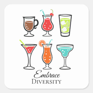 Adesivo Quadrado Ilustração de Coquetéis Lindos Abrace a Diversidad