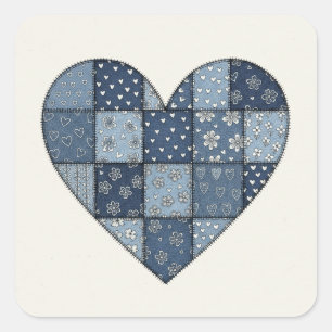 Adesivo Quadrado Ilustração de Coração de Remendo de Denim Azul Rús
