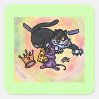 Adesivo Quadrado Ilustração de Desenho Animado Gato Rato Queijo Cor