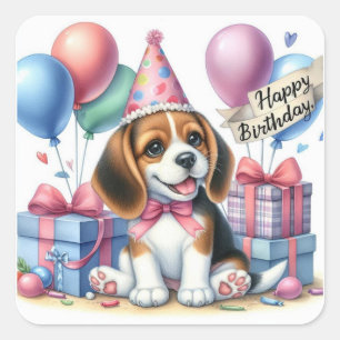 Adesivo Quadrado Ilustração de Festa de aniversário de pupppy bonit