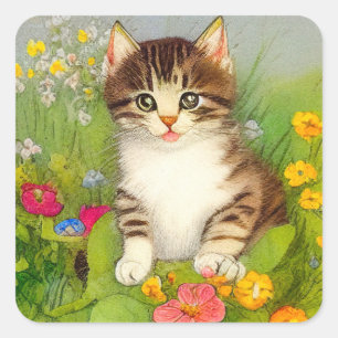 Adesivo Quadrado Ilustração de Gato de Sorriso de Vintage