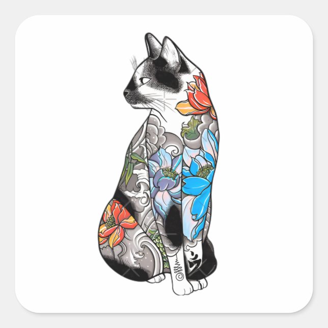 Adesivo Quadrado Ilustração de Gato de Tatuagem Floral - Vibrante,  (Frente)