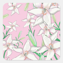 Adesivo Quadrado Ilustração de Lírios Brancos em Fundo Rosa